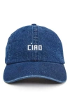 Clare V . Ciao Denim Baseball Cap In Navy W Embroid Cream Ciao