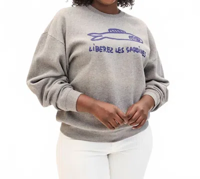 Clare V Cotton Sweatshirt With Sardines In Grey W/ Navy In Gold
