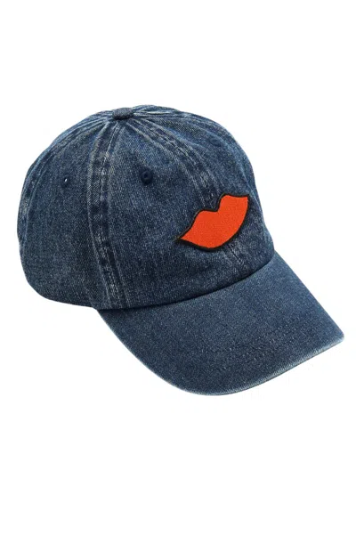 Clare V Denim Lips Patch Baseball Hat In Blue In Black