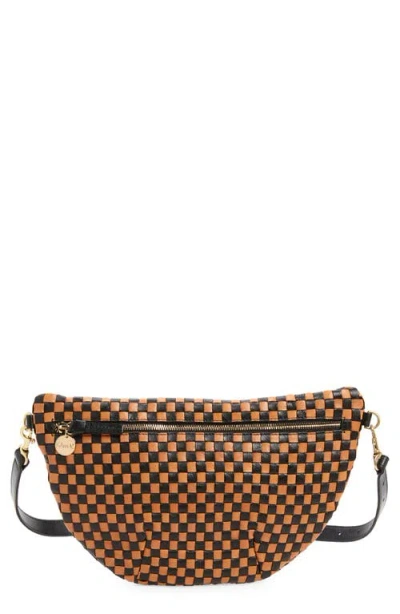 Clare V . Grande Checkerboard Woven Leather Belt Bag In Black/natural Woven Checker