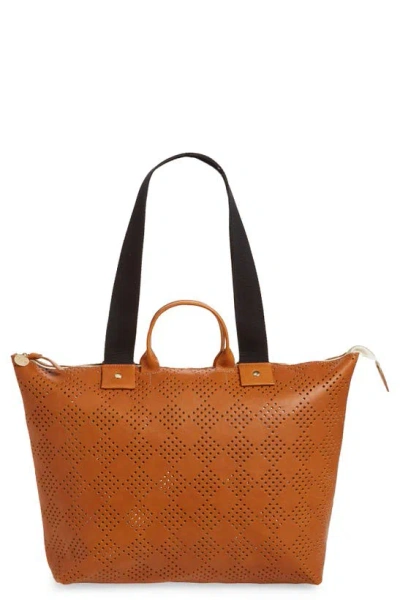 Clare V Le Zip Sac Perforated Leather Tote In Cuoio Lightweight Checker Perf
