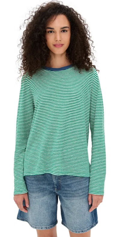 Clare V Long Sleeve Tee Green/cream Mini Stripe In Multi
