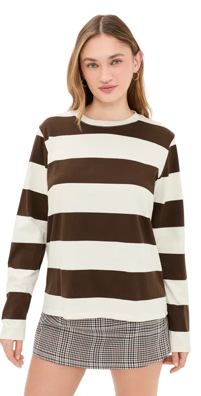 Clare V Long Sleeve Tee Rugby Stripe Cream/pinecone In Brown