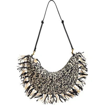 Clare V . Lune Fringed Raffia Shoulder Bag In Black/ Cream Raffia W/ Fringe