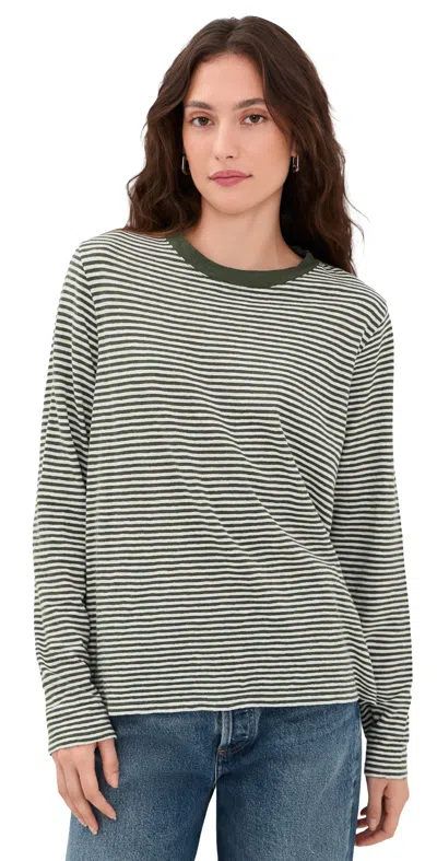 Clare V Mini Stripe Long Sleeve Tee Army/cream In Gray