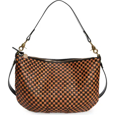 Clare V . Moyen Messenger Bag In Black/natural Woven Checker
