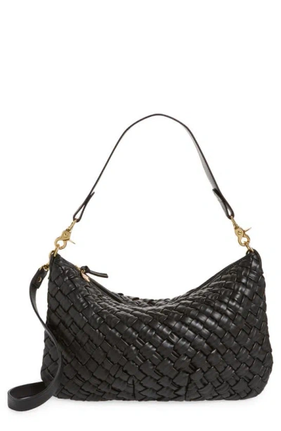 Clare V Moyen Woven Leather Messenger Shoulder Bag In Black Puffy Woven