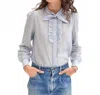Clare V Pia Romantic Tie Blouse In Powder Blue & Cream In Blue