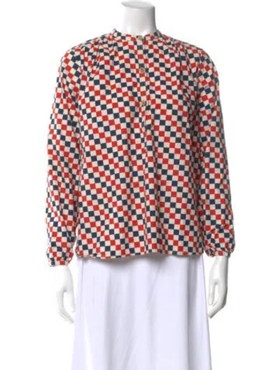 Pre-owned Clare V Plaid Print Long Sleeve Blouse In White