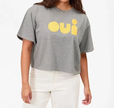 Clare V Short Sleeve Tee With Oui In Grey Melange W/ Snapdragon In White