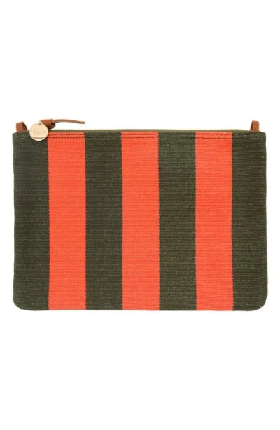 Clare V . Striped Canvas Flat Clutch In Army/bright Poppy