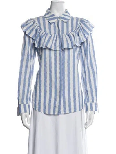Pre-owned Clare V Striped Long Sleeve Blouse In Blue/white