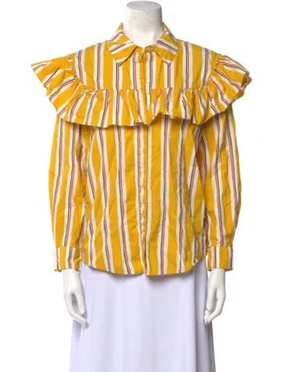 Pre-owned Clare V Striped Three-quarter Sleeve Button-up Top In Yellow