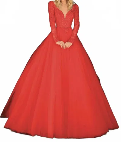 Clarisse All Over Lace Bodice Gown In Red In Pink