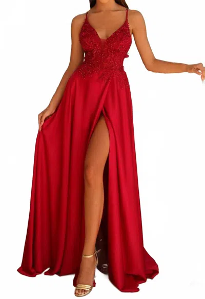 Clarisse Beaded Applique Prom Dress In Vamp Red In Burgundy