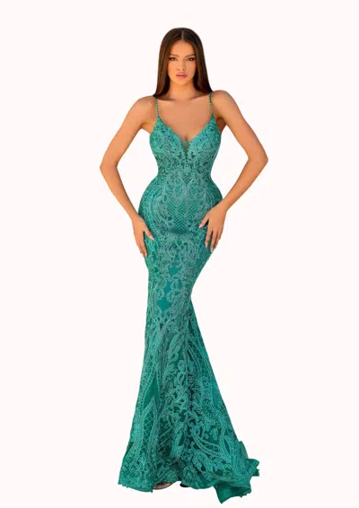 Clarisse Beaded Strappy Back Embroidered Gown In Jade In Green