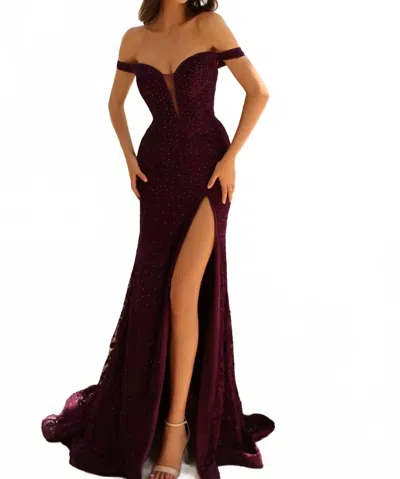 Clarisse Celestial Plunging V-neckline Lace Prom Dress In Plum In Burgundy