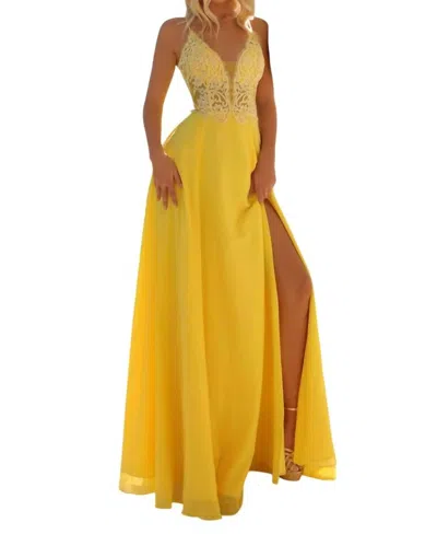 Clarisse Embroidered Deep V-neck A-line Gown In Canary In Yellow