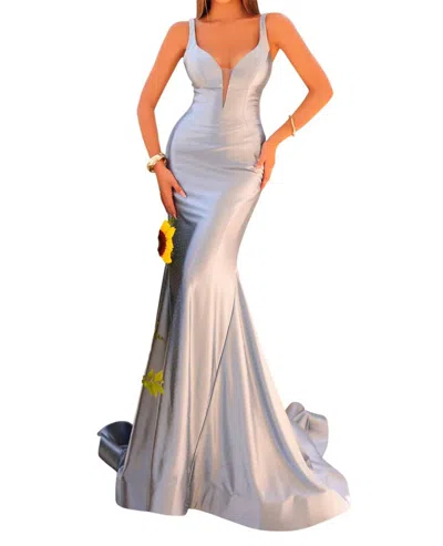 Clarisse Fitted Sparkle Gown In Steel Blue In Silver