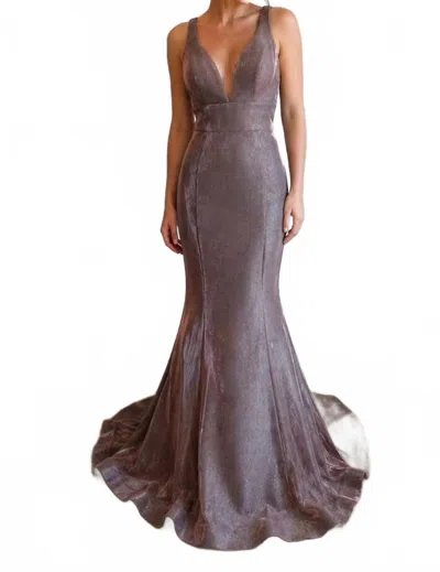 Clarisse Glitter Mermaid Open Back Prom Gown In Mink In Gray