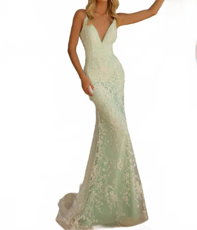 Clarisse Glitter-embellished Mermaid Evening Gown In Ivory/seafoam In White
