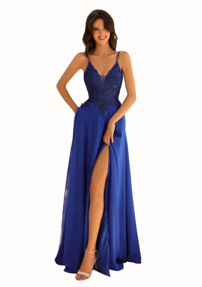 Clarisse Lace Bodice Chiffon Gown In Cobalt In Blue