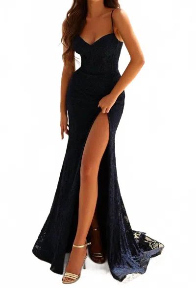 Clarisse Lace Corset Prom Dress In Navy In Black