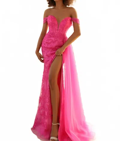 Clarisse Lace High Slit Prom Dress In Fuchsia In Pink