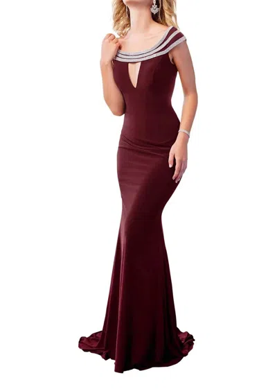 Clarisse Long Jersey Knit Off The Shoulder Dress In Wine In Brown