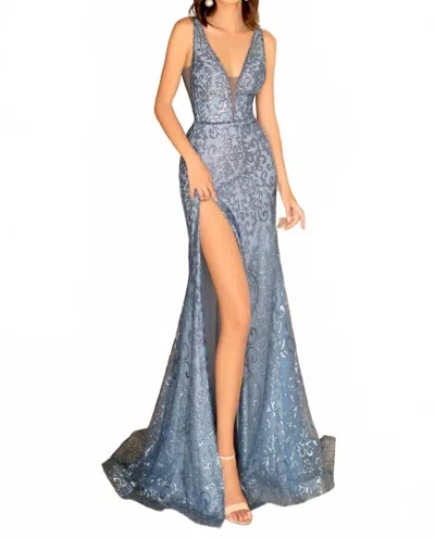 Clarisse Long Sparkling Fitted Dress In Dusty Blue In Silver