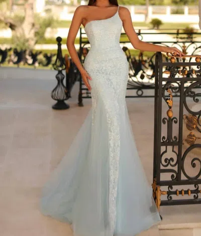 Clarisse One Shoulder Lace Prom Gown In Light Blue In Silver