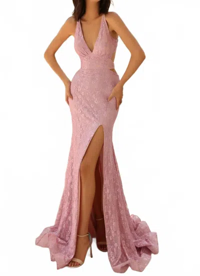 Clarisse Plunging V-neck Halter Dress In Sparkle Rose In Pink