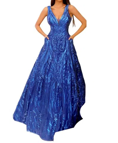 Clarisse Plunging V-neck Pattern-sequined A-line Gown In Royal In Blue
