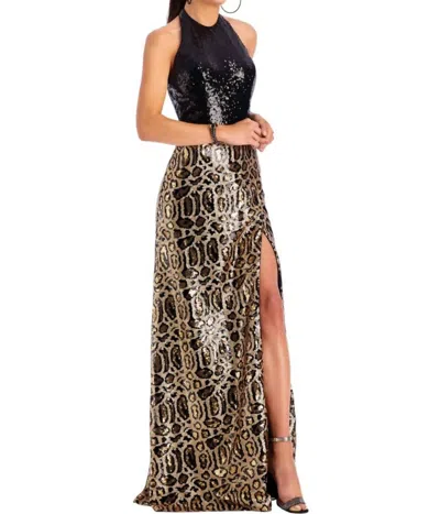 Clarisse Sequin Animal Print Evening Gown In Black/gold