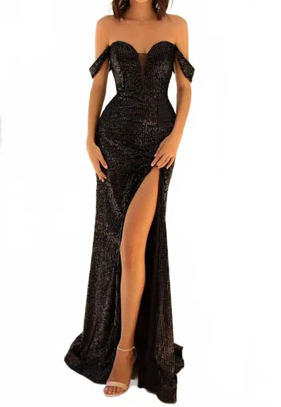 Clarisse Sequin Off-shoulder Evening Gown In Black