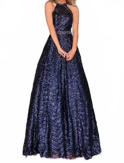 Clarisse Sequined Halter A-line Prom Dress In Navy In Blue
