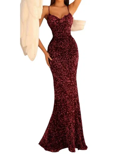Clarisse Spaghetti Strap Sequin Prom Dress In Deep Red In Burgundy