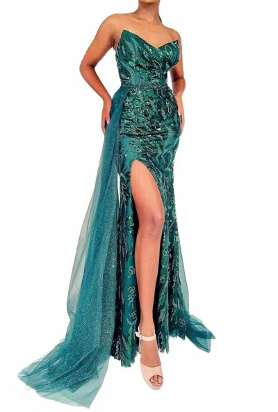 Clarisse Strapless Bedazzled Evening Gown In Forest Green In Multi