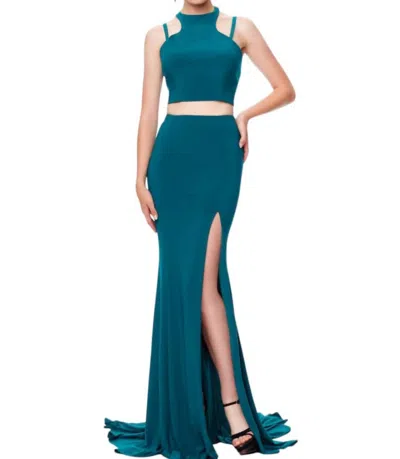 Clarisse Two-piece Jersey High Slit Evening Gown In Forest Green In Blue