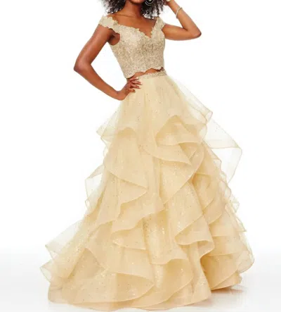 Clarisse Two Piece Plunging Off-shoulder Ruffled A-line Prom Dress In Gold
