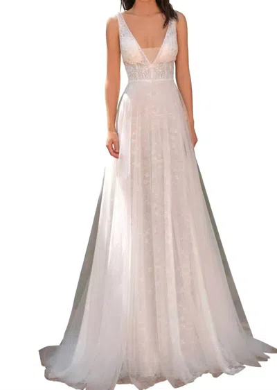 Clarisse V-neckline Embroidered Fit-and-flare Maxi Dress In Ivory In Pink