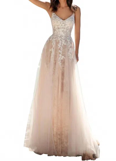 Clarisse V-neckline Floral Lace Applique Maxi Party Dress In Ivory/blush In Multi