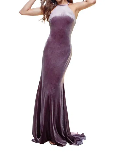 Clarisse Velvet Halter Cutout Sheath Gown In Heather In Purple