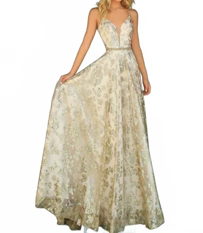 Clarisse V-neck Aline Glitter Sequins Print Prom Dress In Gold/nude In Neutral