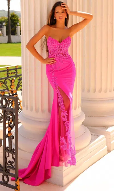 Clarisse V-neck Rosette Lace Prom Gown In Fucshia In Pink