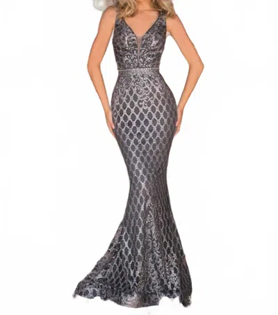 Clarisse V-neckline Bedazzled Trumpet Evening Dress In Grey In Gray