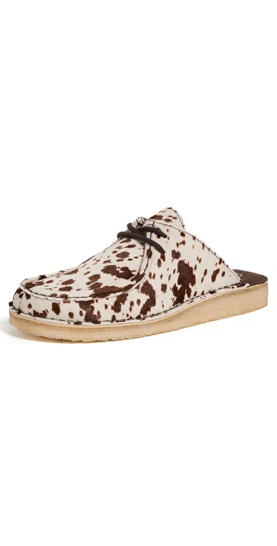 Clarks Desert Nomad Mules Brown Cow Print