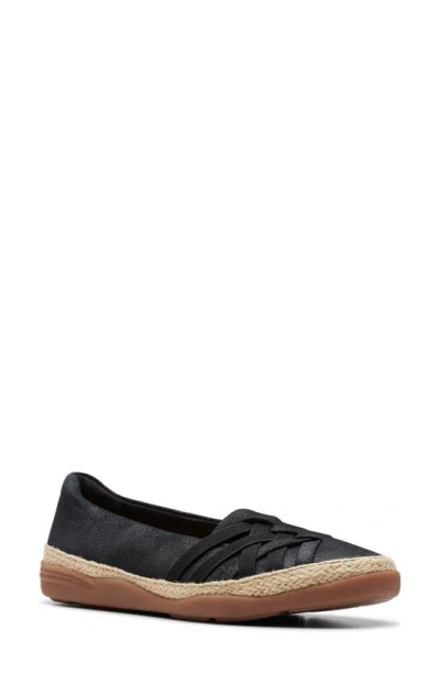 Clarks Women's Elaina Petal Woven-vamp Jute-trim Flats In Black Suede