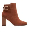 CLARKS FREVA85 BUCKLE BOOTS IN CARAMEL SUEDE