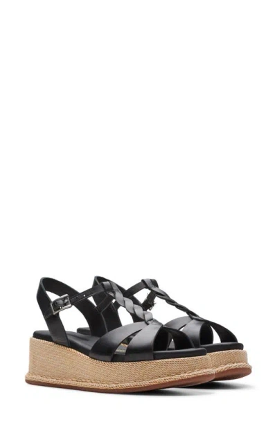 Clarks Kimmei Twisted Ankle Strap Platform Wedge Sandal In Black Leather